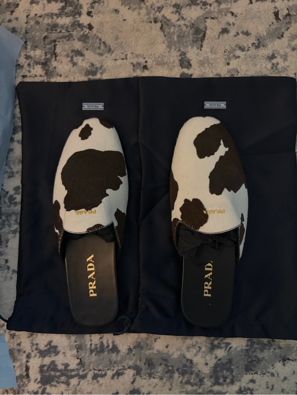 Prada Black & White Cow-Print Slip-On Loafers